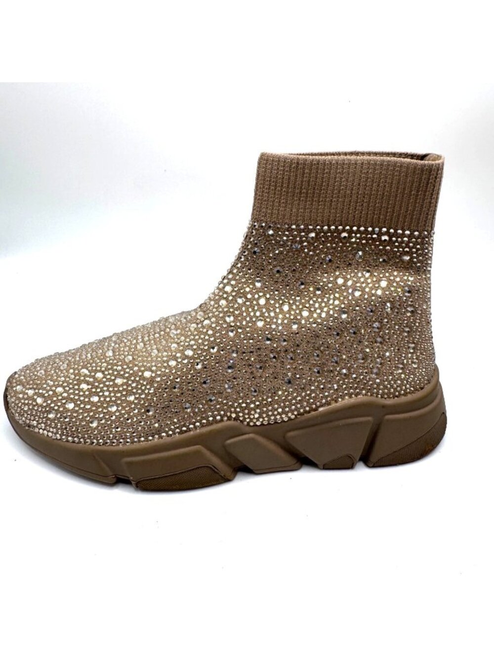 Steve Madden Womens Sz 6M Overtime Rhinestone Knit Sock Sneakers Taupe Beige Cuf